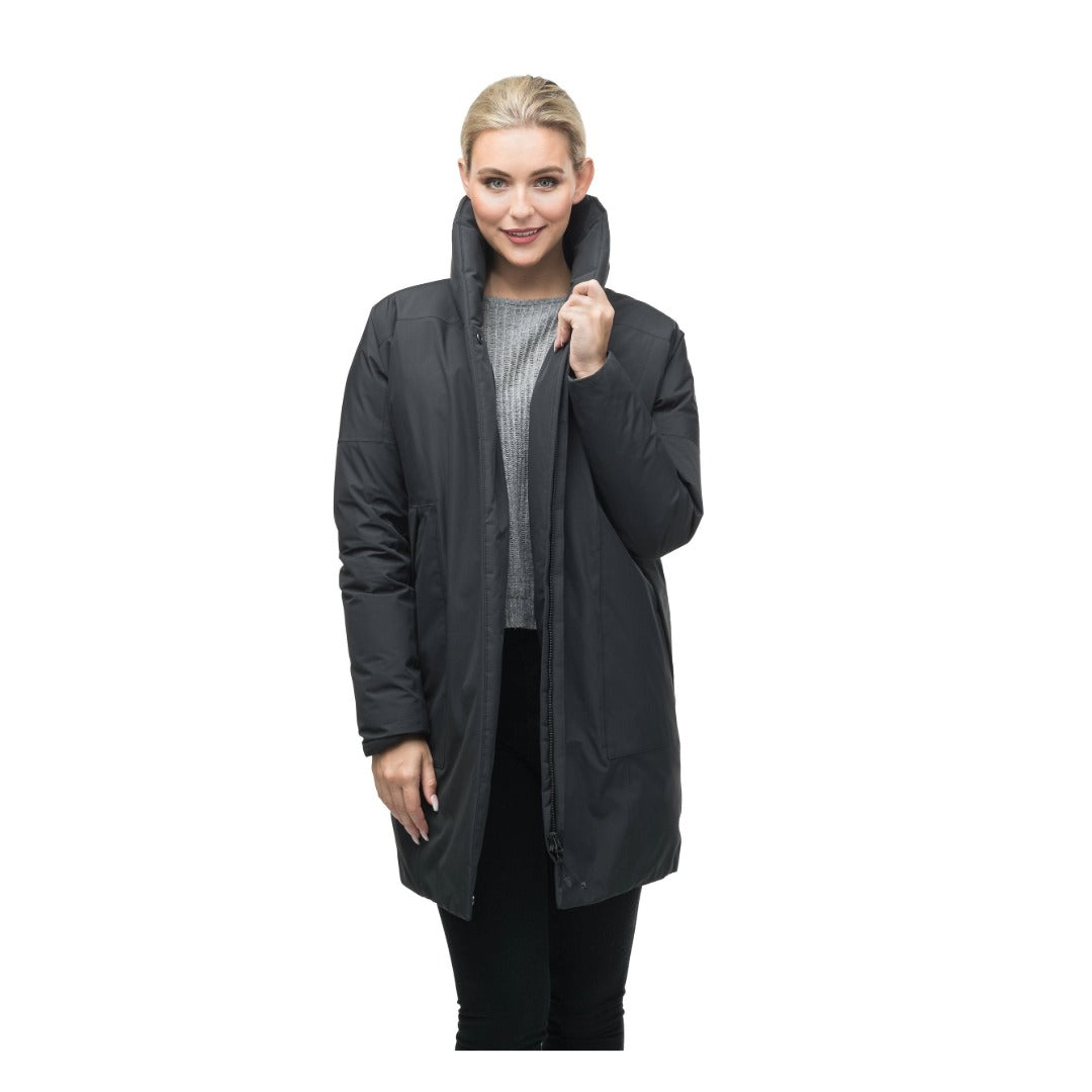 Women's cocoon-style down coat featuring a shawl collar, quilted construction, long sleeves, magnetic front closure, and a streamlined winter silhouette