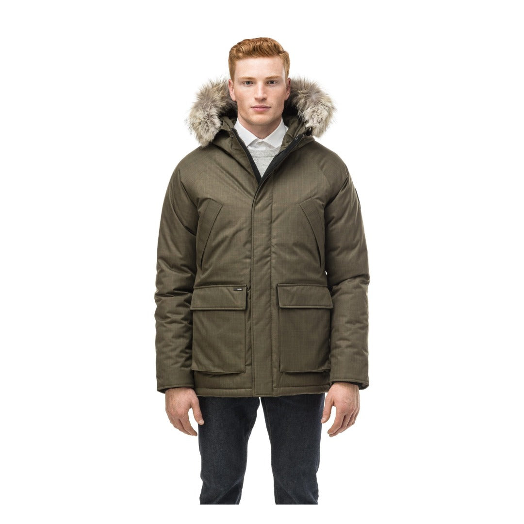 Men's regular-fit insulated winter parka with a fur-trimmed hood, magnetic front closure, adjustable waist, ribbed cuffs, and multiple functional pockets.