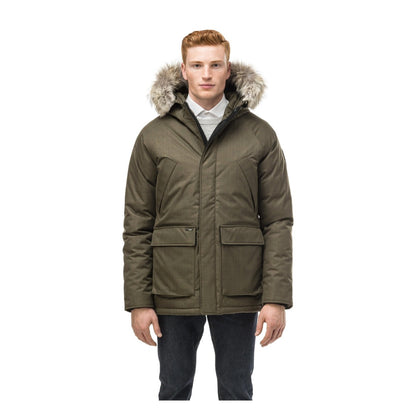Men's regular-fit insulated winter parka with a fur-trimmed hood, magnetic front closure, adjustable waist, ribbed cuffs, and multiple functional pockets.