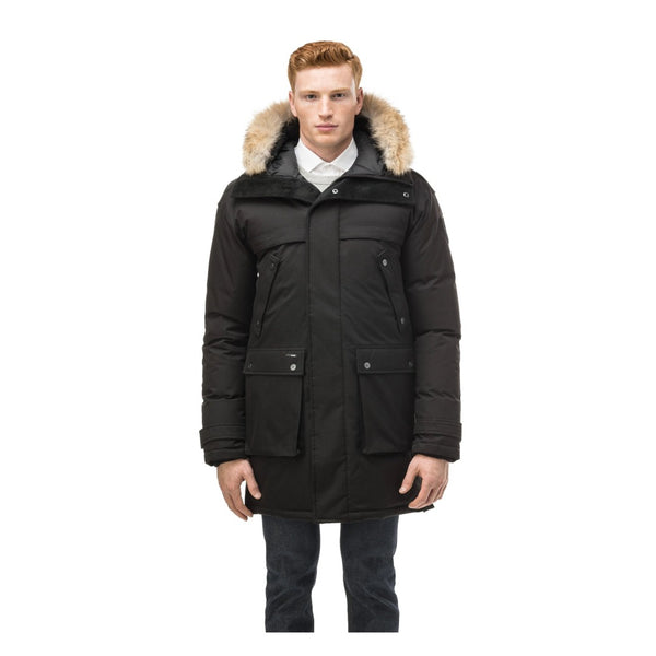Men's long insulated winter parka featuring a fur-trimmed hood, waterproof shell, magnetic front closure, ribbed cuffs, and multiple functional pockets.