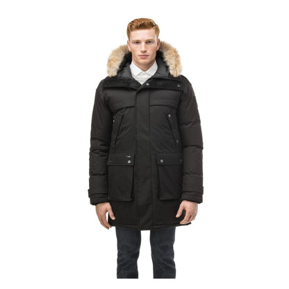 Men's long insulated winter parka featuring a fur-trimmed hood, waterproof shell, magnetic front closure, ribbed cuffs, and multiple functional pockets.
