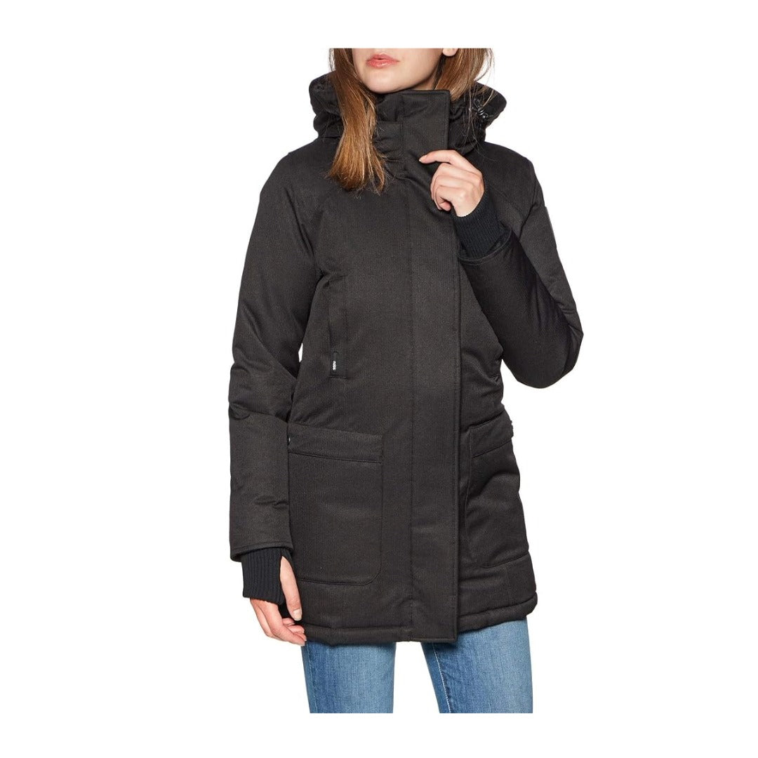 Women's tailored down parka with a below-hip silhouette, removable fur-trimmed hood, magnetic front closure, fleece-lined chest pockets, and long sleeves.