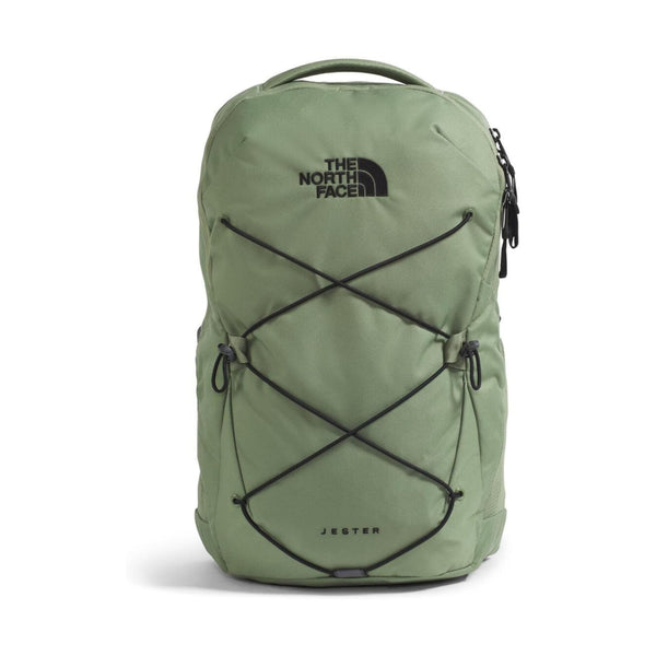 North Face Jester backpack with front bungee system, multiple compartments, and padded straps, designed for comfortable everyday use.