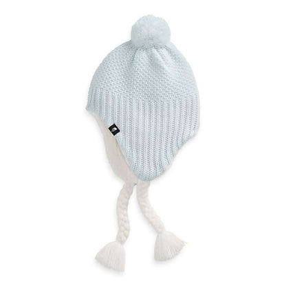 North Face Girl's Purrl Stitch Earflap Beanie #NF0A4VTF1M1 Ice Blue-Gardenia White