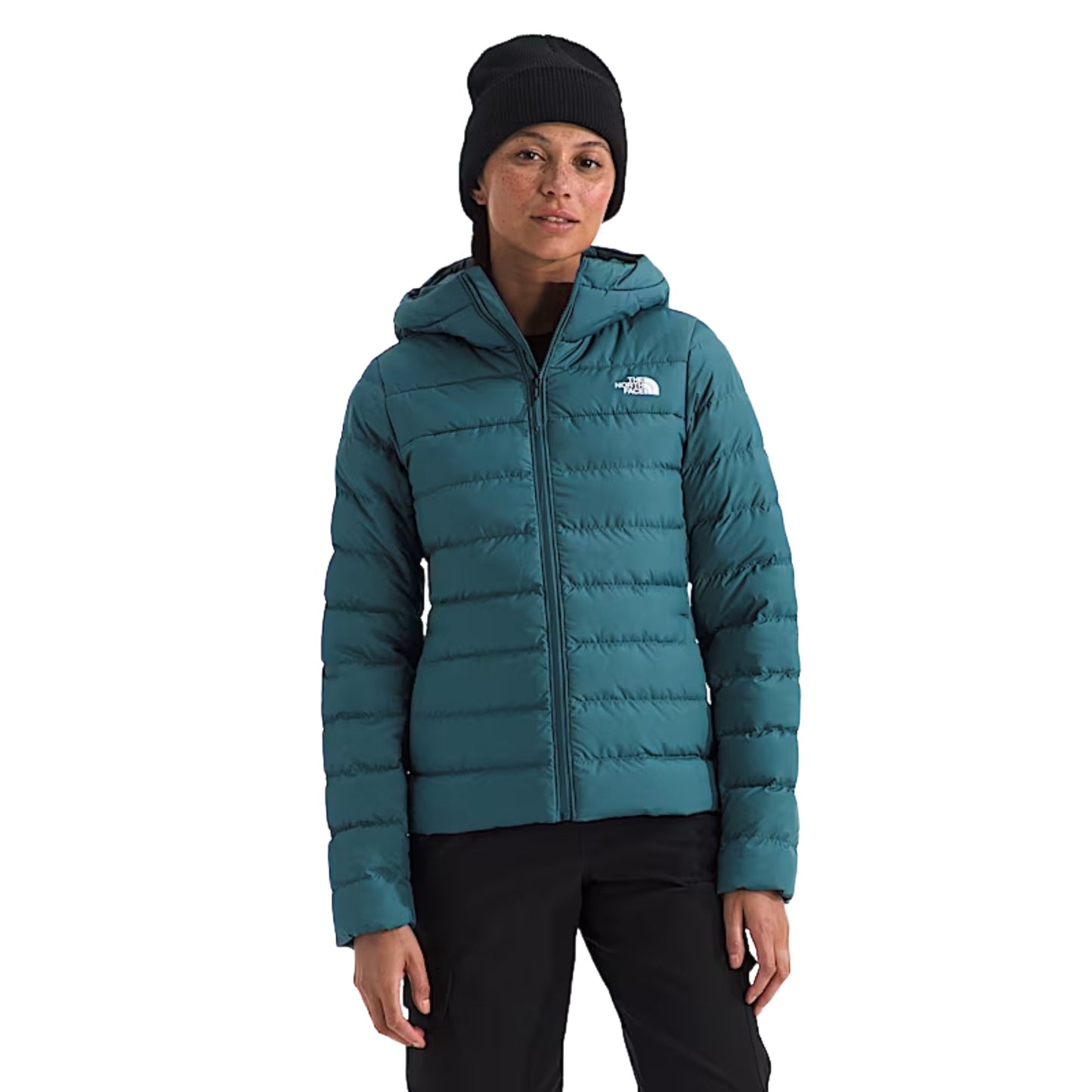 The North Face Women’s Aconcagua 3 Hoodie in black, featuring a quilted design, full front zip, and fitted hood for warmth and comfort.
