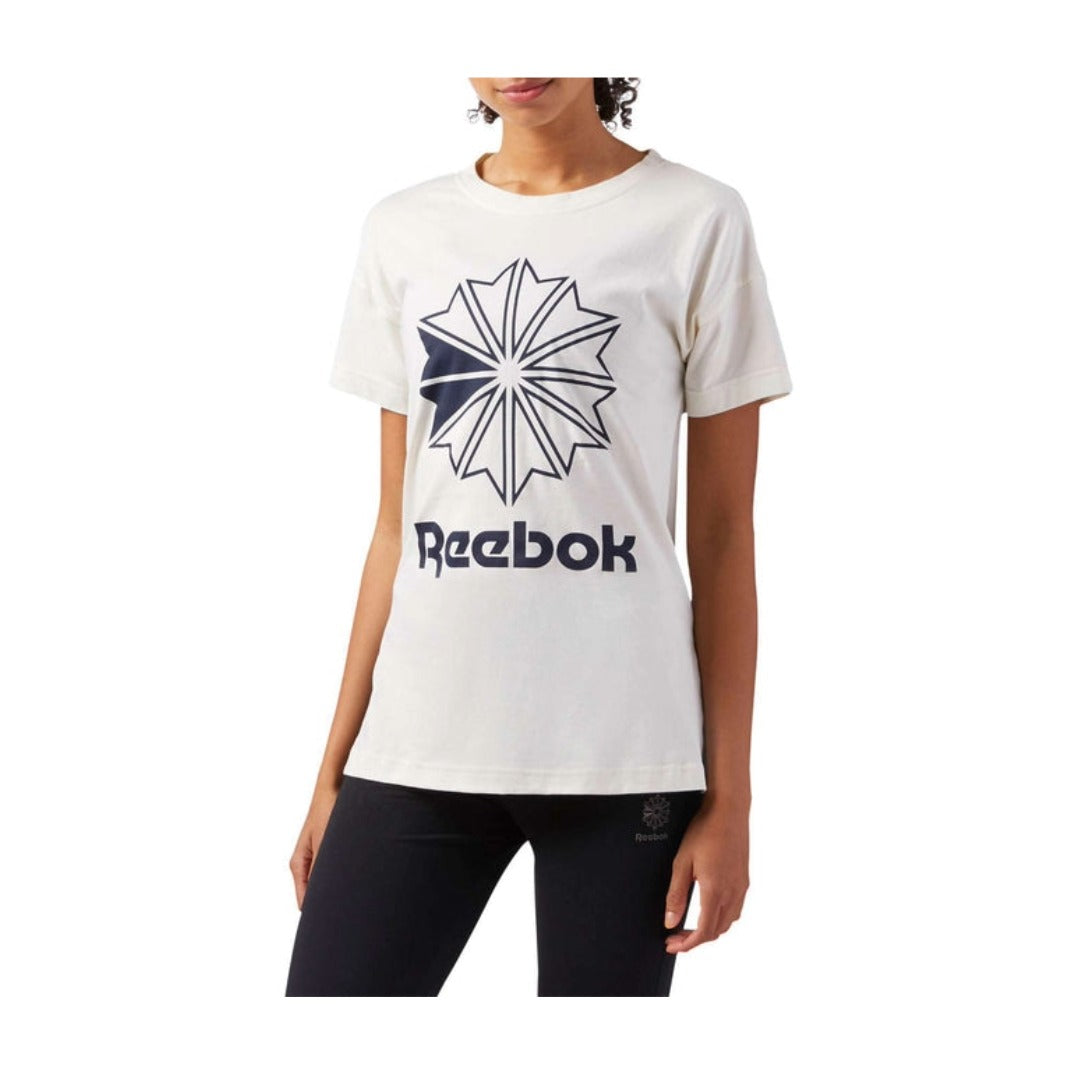Women’s short-sleeve graphic T-shirt featuring a crew neckline, soft breathable fabric, relaxed fit, and a bold front logo graphic for casual everyday wear