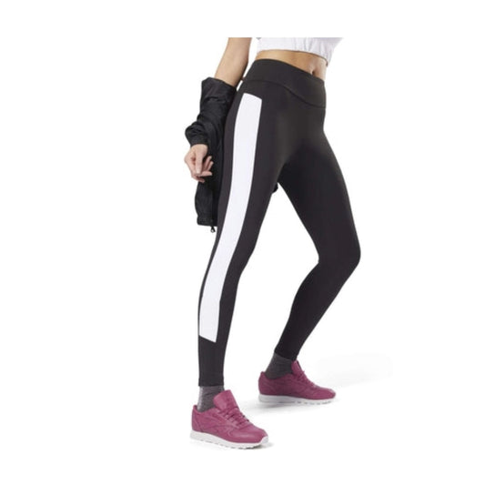 Women’s athletic leggings featuring stretch fabric, color-block panel detailing, a supportive high-rise waistband, and a fitted silhouette for workouts and everyday active wear