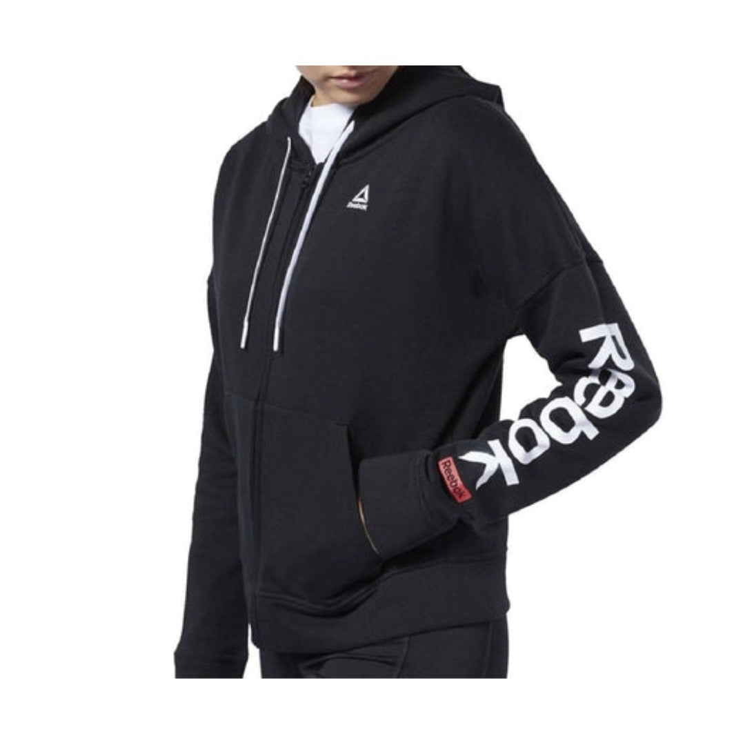 Women’s full-zip hoodie featuring soft fleece fabric, an adjustable drawstring hood, front pockets, ribbed cuffs and hem, and a comfortable relaxed fit for everyday wear