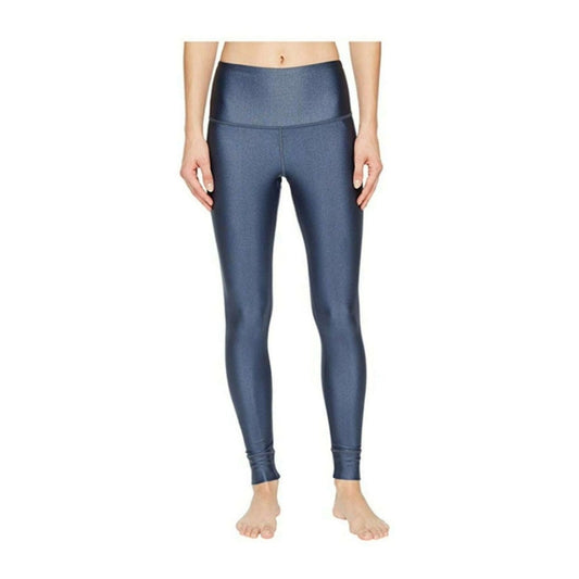 Women’s high-rise leggings featuring stretch fabric with a metallic finish, a wide supportive waistband, fitted silhouette, and breathable construction for workouts and athleisure wear
