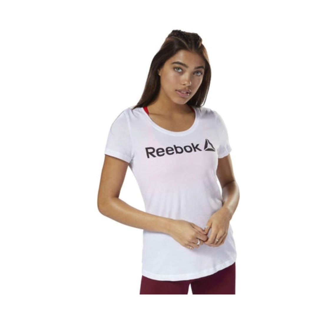 Women’s athletic T-shirt featuring a scoop neckline, short sleeves, lightweight moisture-wicking fabric, and a relaxed fit for workouts and everyday comfort