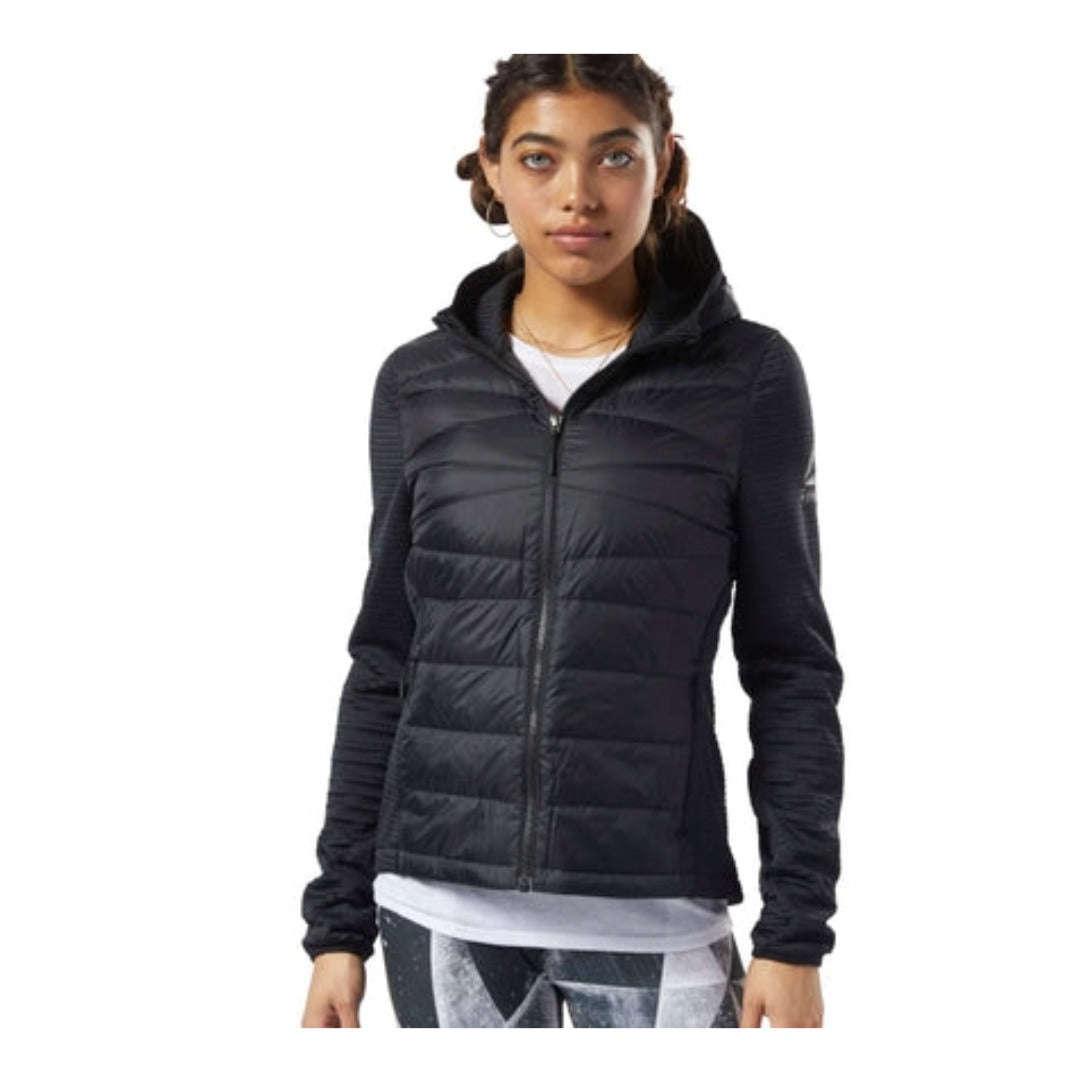 Women’s insulated hybrid jacket featuring quilted down-filled panels, stretch fabric sections, a full-zip front, high collar, and zippered pockets for lightweight cold-weather warmth