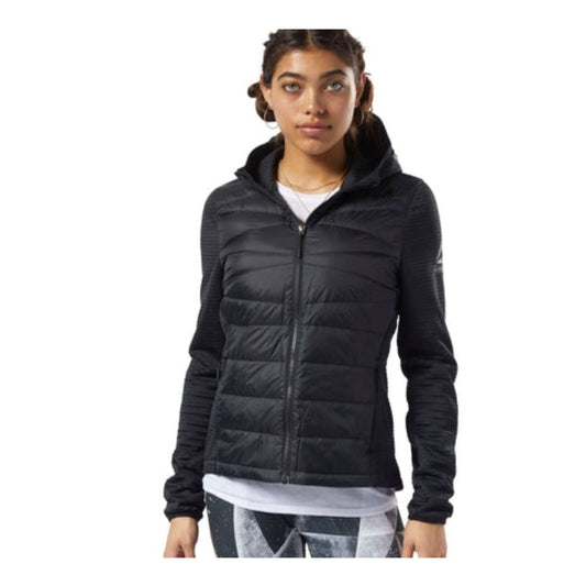 Women’s insulated hybrid jacket featuring quilted down-filled panels, stretch fabric sections, a full-zip front, high collar, and zippered pockets for lightweight cold-weather warmth