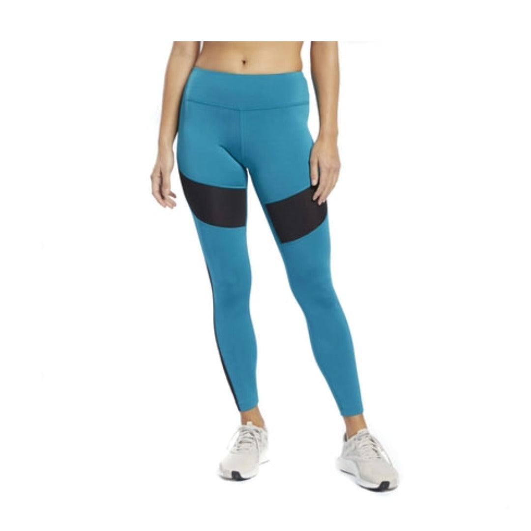 “Women’s athletic tights featuring stretch moisture-wicking fabric, breathable mesh panel detailing, a supportive high-rise waistband, and a fitted design for training and fitness activities