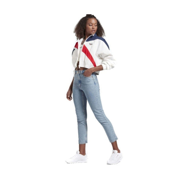 Women’s cropped track jacket featuring a full-zip front, stand collar, lightweight fabric, side pockets, and a sporty athletic design for casual and active wear