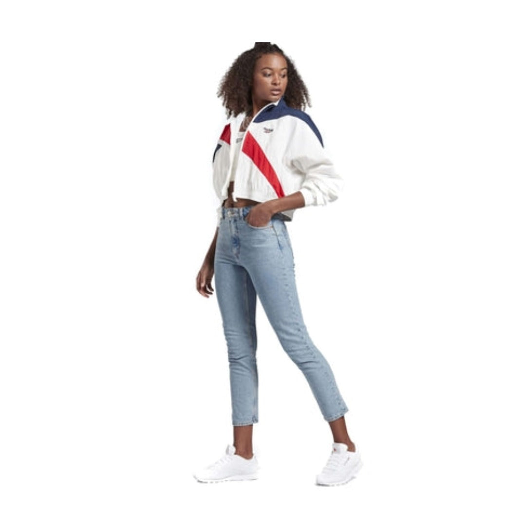 Women’s cropped track jacket featuring a full-zip front, stand collar, lightweight fabric, side pockets, and a sporty athletic design for casual and active wear
