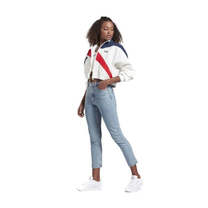 Women’s cropped track jacket featuring a full-zip front, stand collar, lightweight fabric, side pockets, and a sporty athletic design for casual and active wear