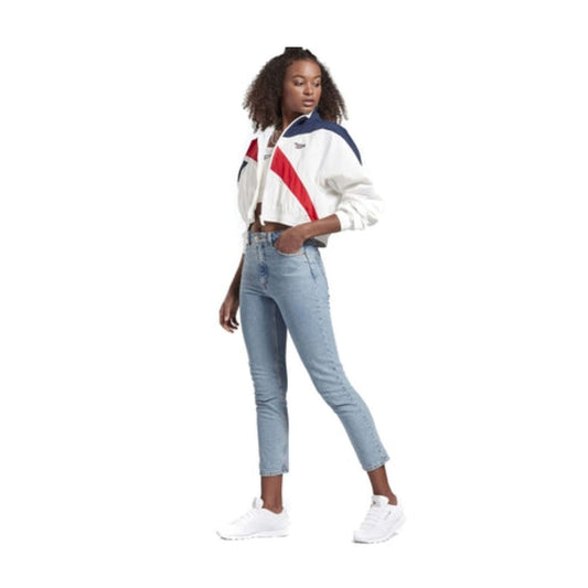 Women’s cropped track jacket featuring a full-zip front, stand collar, lightweight fabric, side pockets, and a sporty athletic design for casual and active wear