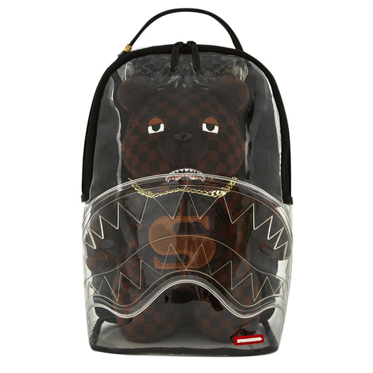Transparent bear-shaped Sprayground backpack with gold zippers, padded straps, and organized interior compartments.