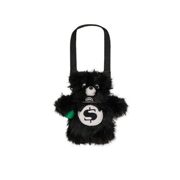 SPRAYGROUND Fur Cray Black Bear Cub Bag featuring black faux fur bear design with gold zippers, adjustable strap, and SPRAYGROUND logo detailing.
