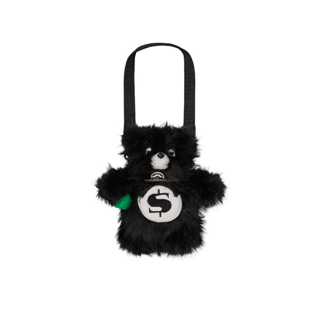 SPRAYGROUND Fur Cray Black Bear Cub Bag featuring black faux fur bear design with gold zippers, adjustable strap, and SPRAYGROUND logo detailing.