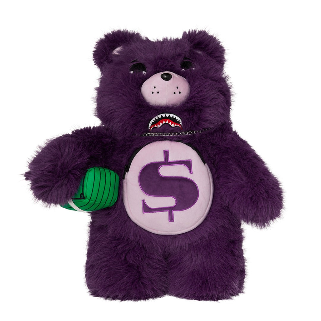 SPRAYGROUND Fur Cray Purple Moneybear Backpack featuring plush purple faux fur with Moneybear graphic and SPRAYGROUND logo detailing.
