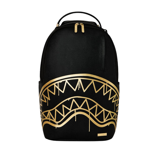 Sprayground Gold Fang Backpack with shark-mouth graphic, gold fangs, and multiple zippered compartments.