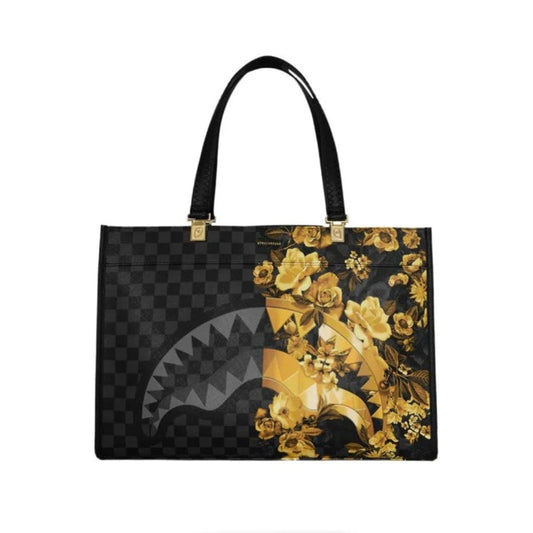 Sprayground Gold Floral Remix Tortuga Tote with gold floral design, structured shape, and top handles for everyday carry.