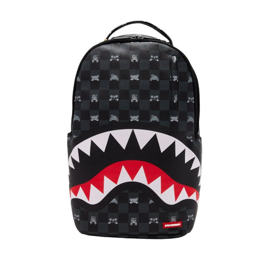 Sprayground Gray Peeking Character Check DLXSV Backpack with gray check pattern, character graphic, and multiple zippered compartments.