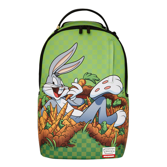 SPRAYGROUND Looney Tunes Bugs Chiller Rabbit Hole DLXSV Backpack featuring Bugs Bunny in a relaxed pose amid a graffiti-style rabbit hole design on vegan leather








