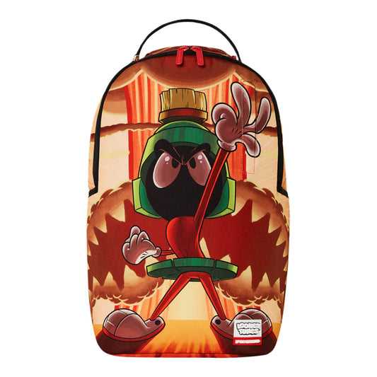 SPRAYGROUND Looney Tunes Marvin Bomb DLXSR Backpack featuring Marvin the Martian with a bomb graphic on black vegan leather with red and green accents.









