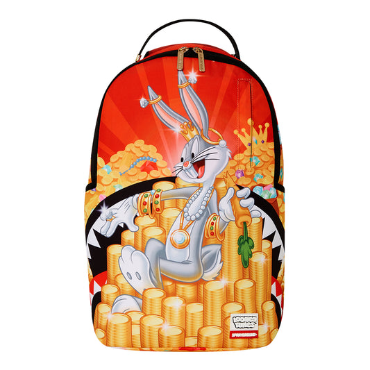 Sprayground DLXR Backpack featuring Bugs Bunny dressed as a king with money and crown-themed graphics, gold zippers, and multiple storage compartments for daily or travel use.