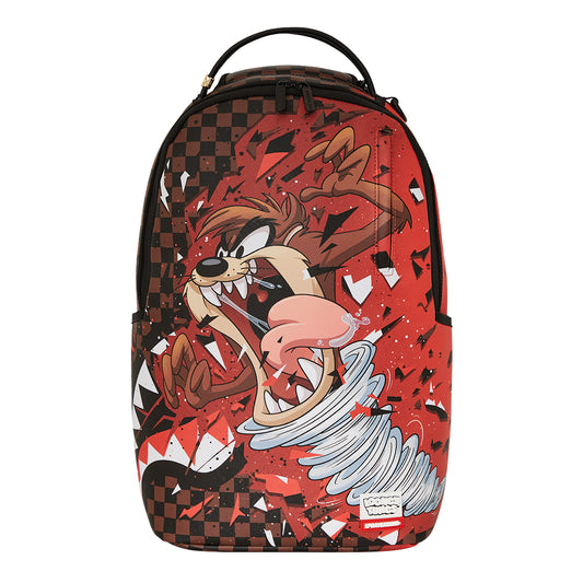 SPRAYGROUND Looney Tunes Taz Destroy DLXSV Backpack featuring Tasmanian Devil in a chaotic, cartoon-style destruction scene on a durable vegan leather build









