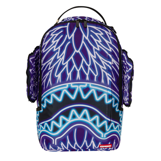Backpack with neon-colored removable wings and electric graphic design, featuring gold zippers and a structured streetwear silhouette.