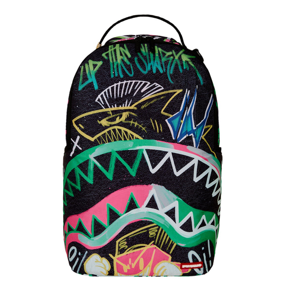 Backpack with vibrant graffiti and punk-inspired artwork, featuring gold zippers, side pockets, and structured black base