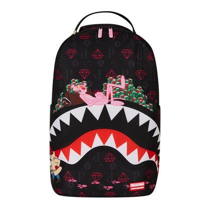 Sprayground DLXR Backpack featuring subtle pink paw prints and the Pink Panther peeking out, with gold zippers, black base, and multiple compartments for organized storage and travel.