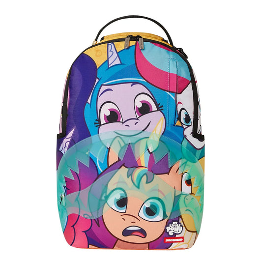Sprayground DLXR Backpack with a vivid, all-over pony collage design, gold zippers, black trim, and multiple compartments for storage and travel.
