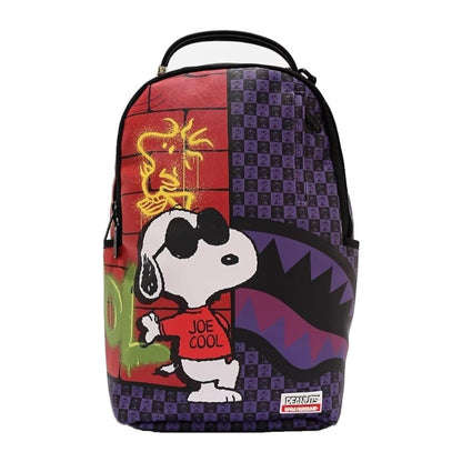 SPRAYGROUND Peanuts Joe Cool Reveal Checker DLXSV Backpack featuring Snoopy as Joe Cool on a black-and-white checkerboard pattern with red accents.