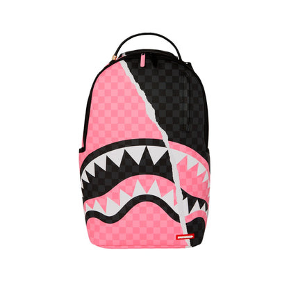 SPRAYGROUND Pink and Black Tear Sip DLXSV Backpack featuring bold pink-and-black graphic on vegan leather with SPRAYGROUND logo detailing.