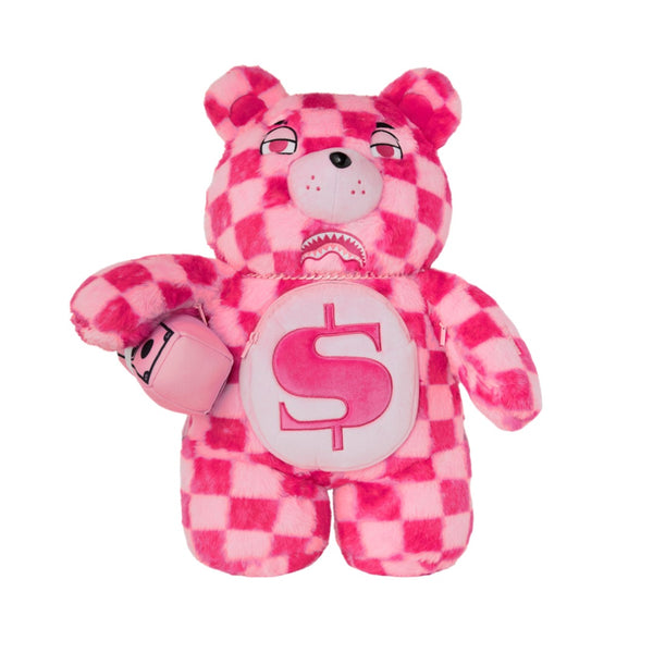 SPRAYGROUND Pink Fur Check Moneybear Backpack featuring pink faux fur checkerboard design with Moneybear graphic and SPRAYGROUND logo detailing.