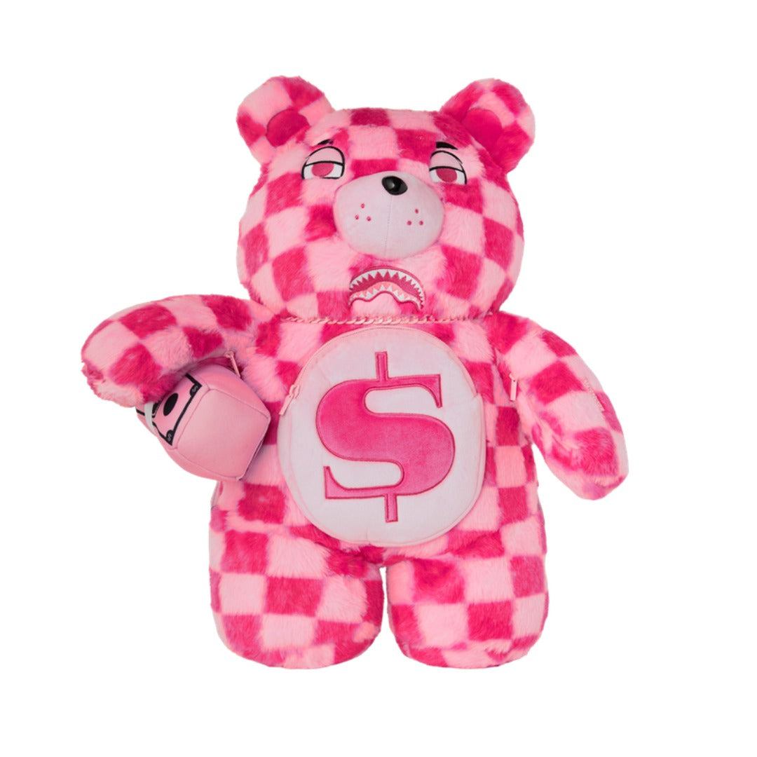 SPRAYGROUND Pink Fur Check Moneybear Backpack featuring pink faux fur checkerboard design with Moneybear graphic and SPRAYGROUND logo detailing.