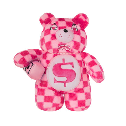 SPRAYGROUND Pink Fur Check Moneybear Backpack featuring pink faux fur checkerboard design with Moneybear graphic and SPRAYGROUND logo detailing.
