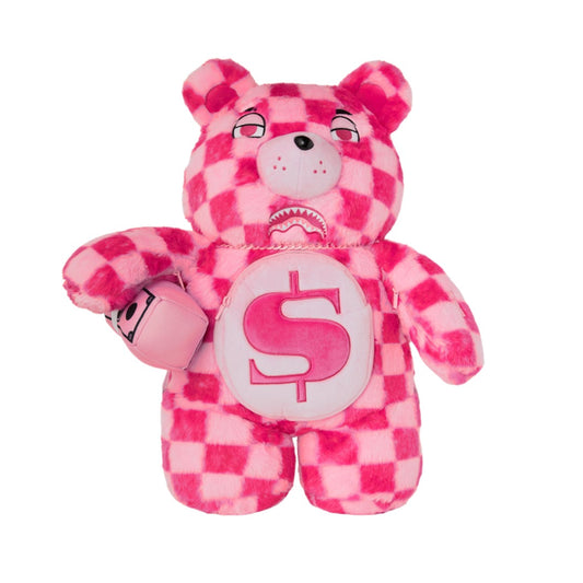 SPRAYGROUND Pink Fur Check Moneybear Backpack featuring pink faux fur checkerboard design with Moneybear graphic and SPRAYGROUND logo detailing.
