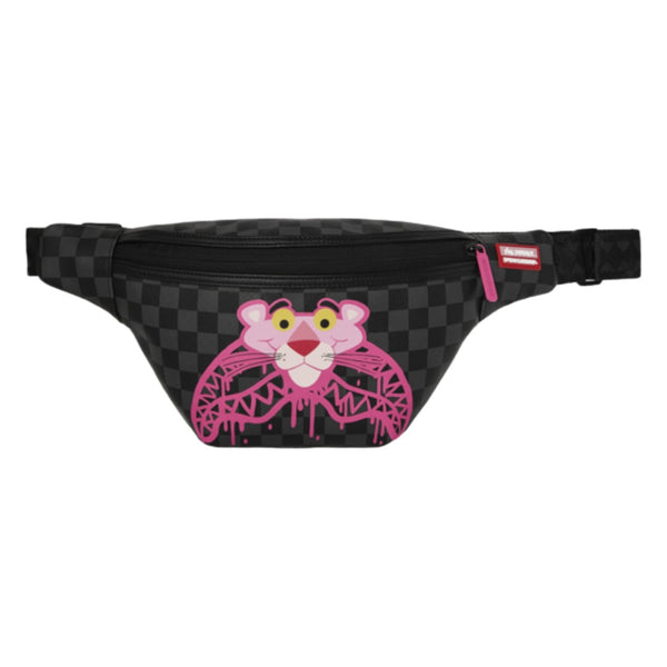 Sprayground Pink Panther Drippy Diamonds Savvy Crossbody bag with Pink Panther graphic and zippered compartments.