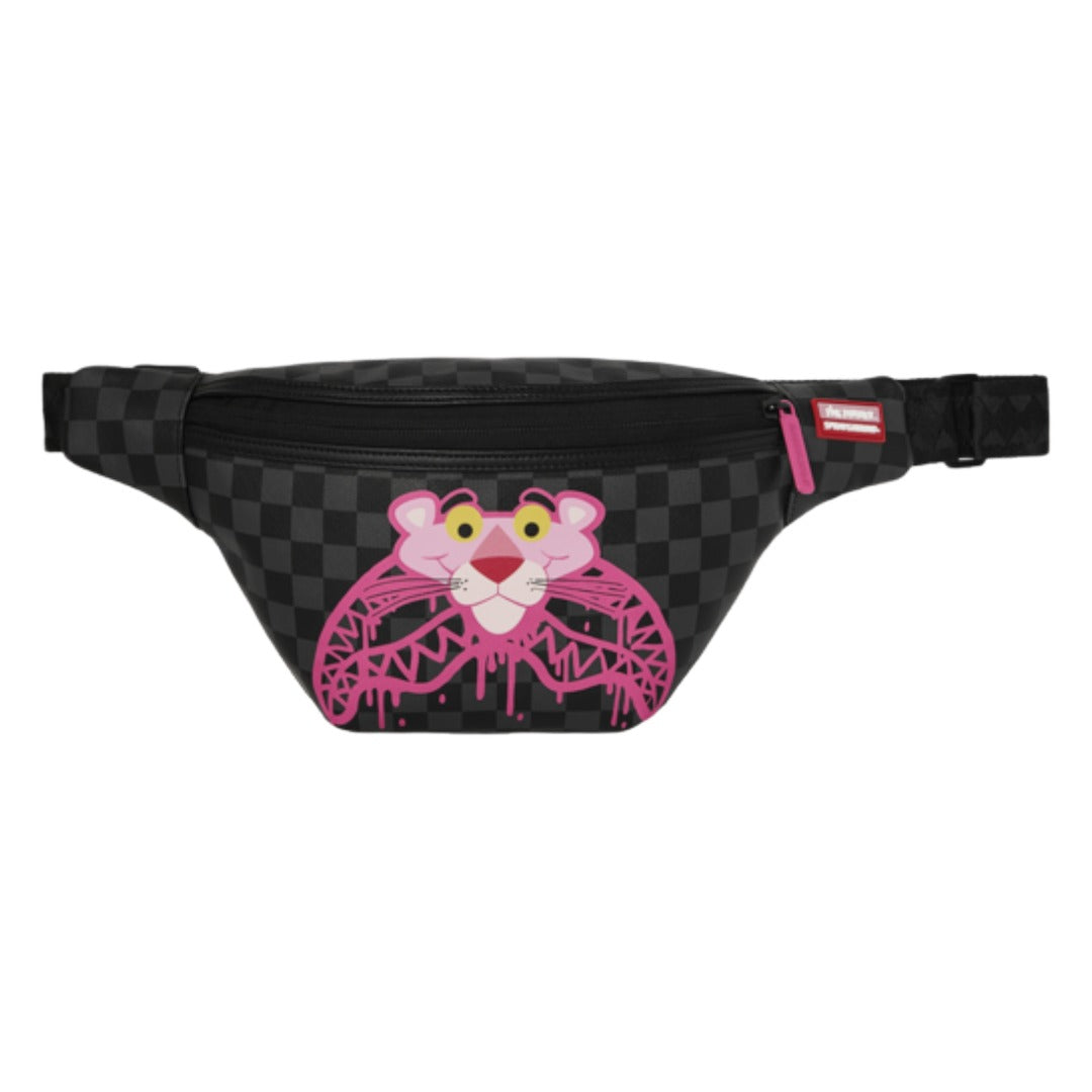 Sprayground Pink Panther Drippy Diamonds Savvy Crossbody bag with Pink Panther graphic and zippered compartments.