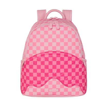 Sprayground Pink Sip Patch Savage Backpack with pink patch graphics, padded laptop sleeve, and multiple zippered compartments.