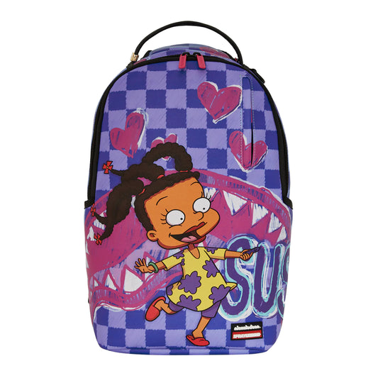 SPRAYGROUND Rugrats Susie Crayon Shark DLXSVBackpack featuring a crayon-drawn Susie Carmichael and Shark Mouth design on a multicolored vegan leather background.










