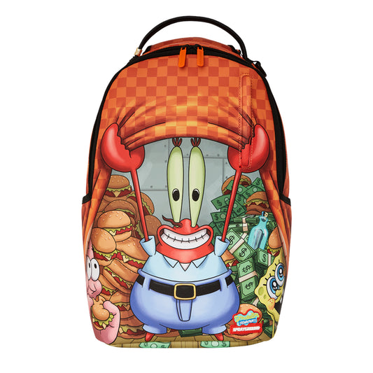 Backpack featuring Mr. Krabs holding stacks of money with graffiti-style artwork, gold zippers, and a bold, structured streetwear design.