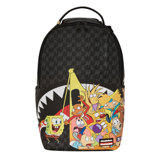 Backpack featuring a vibrant collage of 1990s Nickelodeon characters in graffiti style, with gold zippers and a bold, structured silhouette.