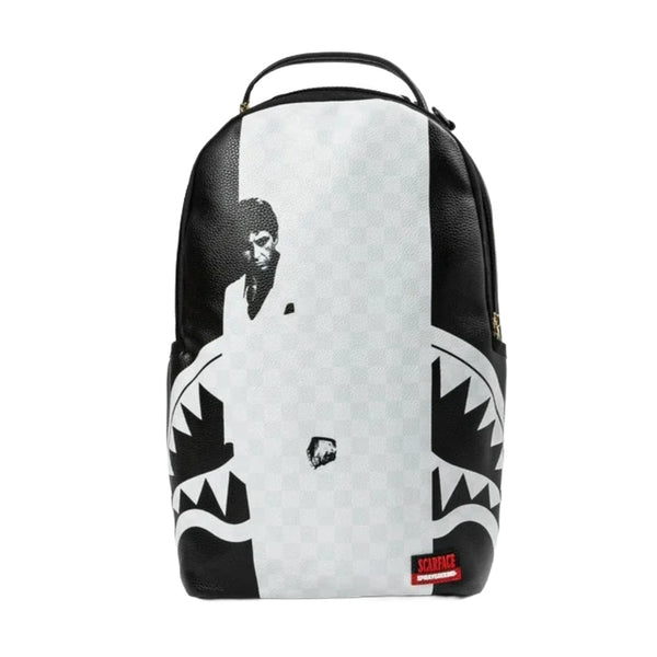 SPRAYGROUND Scarface Poster Style Quilt DLXSV Backpack featuring quilted Tony Montana artwork on black vegan leather with SPRAYGROUND logo detailing.