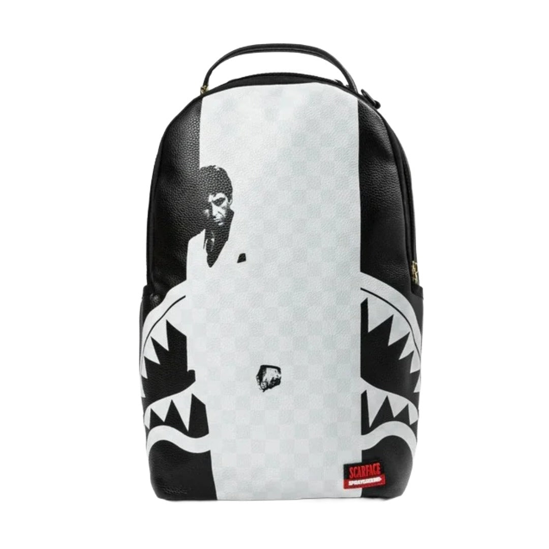 SPRAYGROUND Scarface Poster Style Quilt DLXSV Backpack featuring quilted Tony Montana artwork on black vegan leather with SPRAYGROUND logo detailing.
